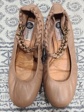 Lanvin Blush Leather Braided Strap Chain Ballet Flats